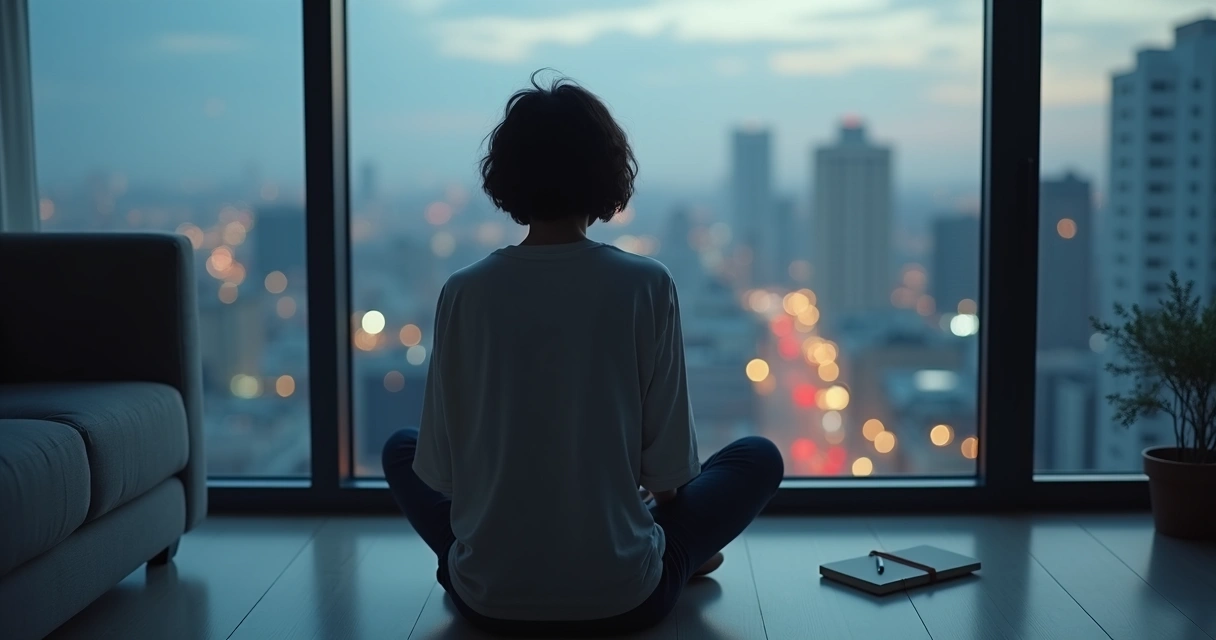 Person looking out apartment window with blurred city lights at dusk 