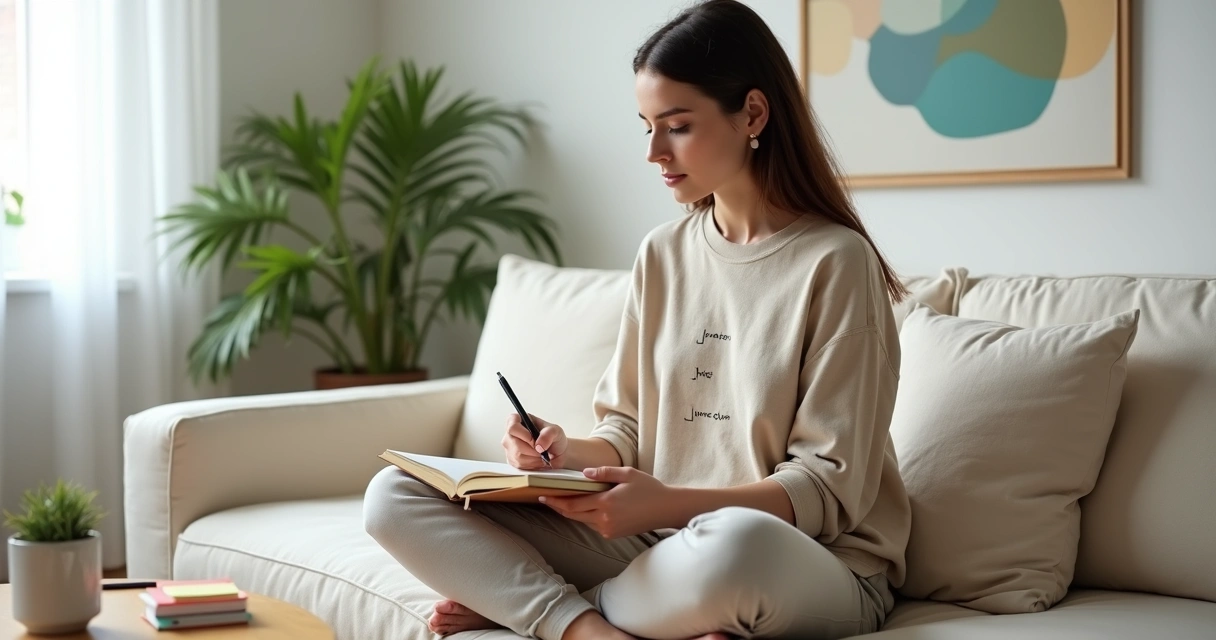 Woman journaling self-checks while observing emotions and thoughts 