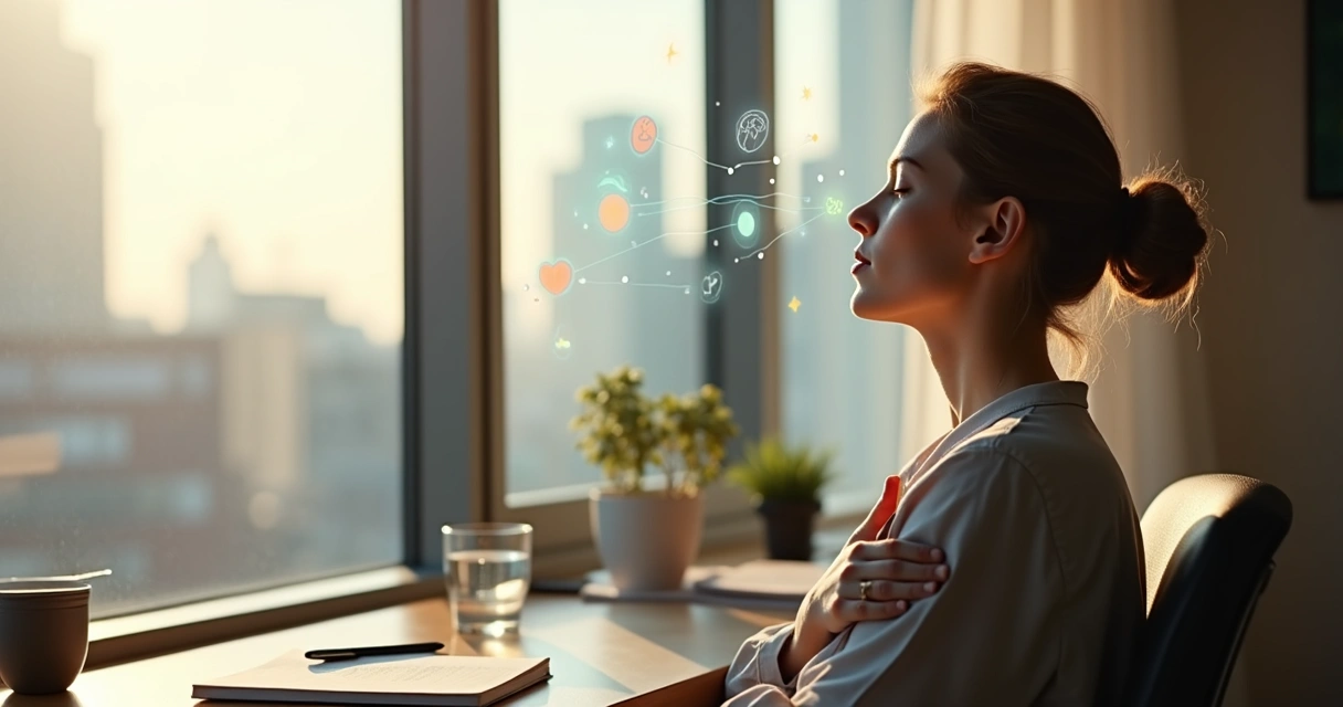 Person practicing calm self-regulation with emotional icons around the head 