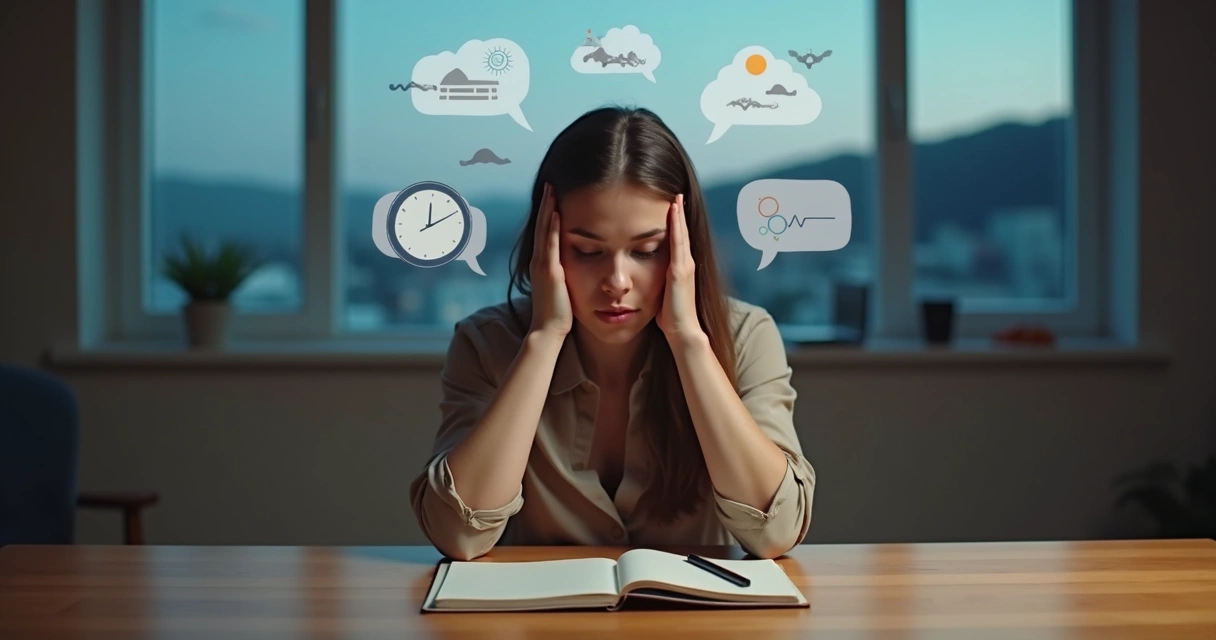 Woman surrounded by chaotic symbols holding her head in thought 