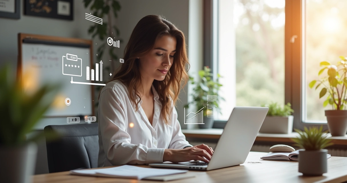 Woman working on laptop with digital charts and marketing icons around her 