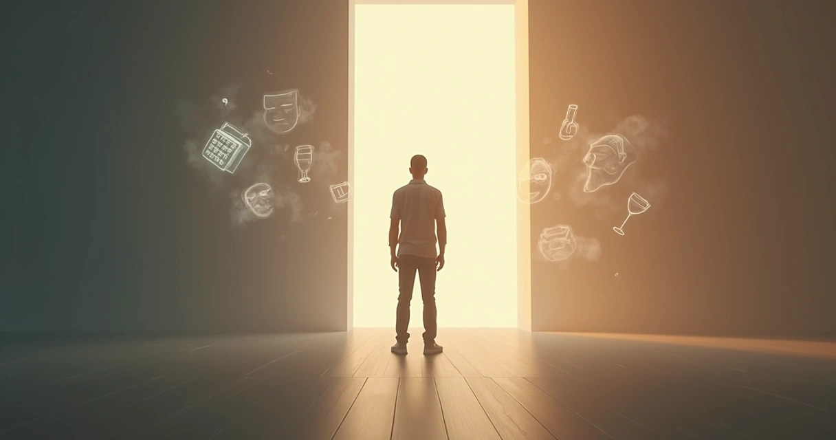 Person standing between tangled dark shapes and a clear path of light 