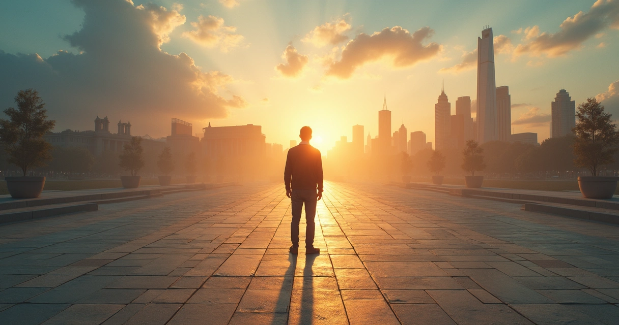Person standing at a crossroads looking at historical images and a modern city skyline 
