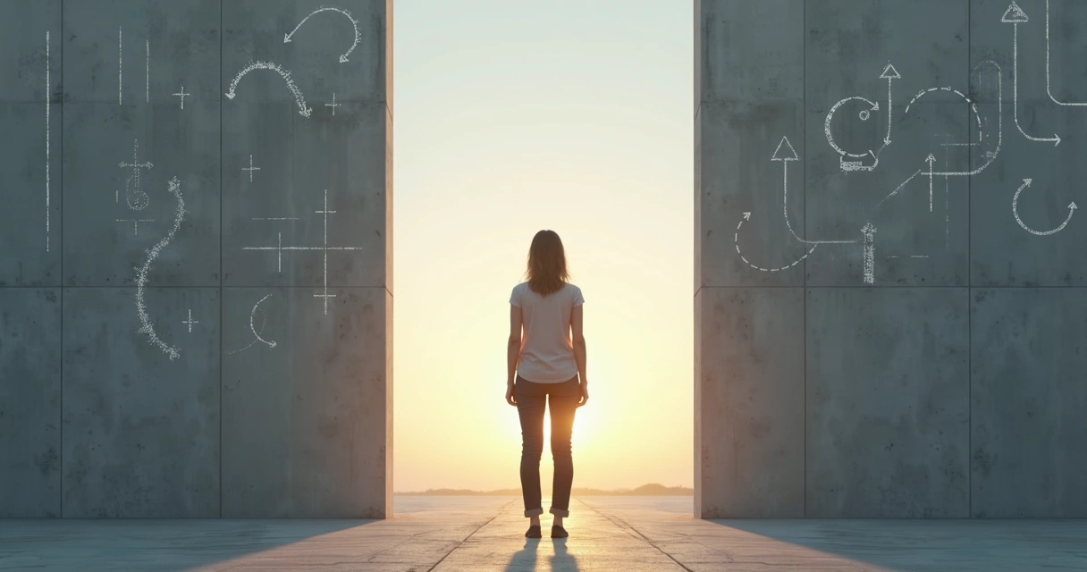 Person standing before a wall with faint shadow chains symbolizing unconscious habits 