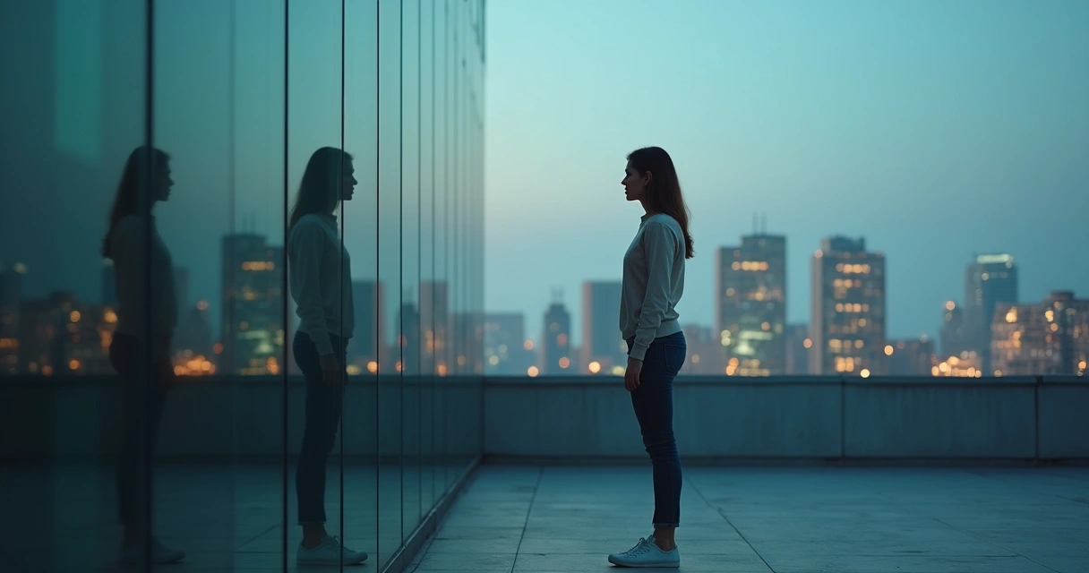 Woman facing her shadow reflection in a cityscape at dusk 