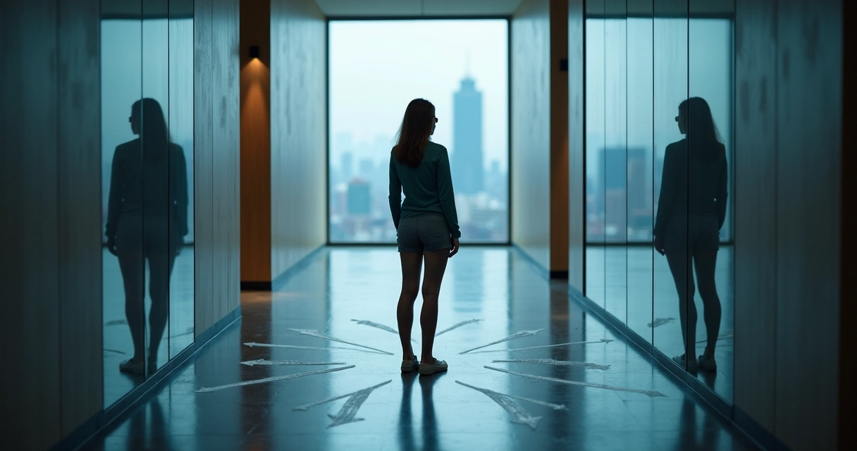 Woman standing between two mirrored versions of herself reflecting inner conflict 
