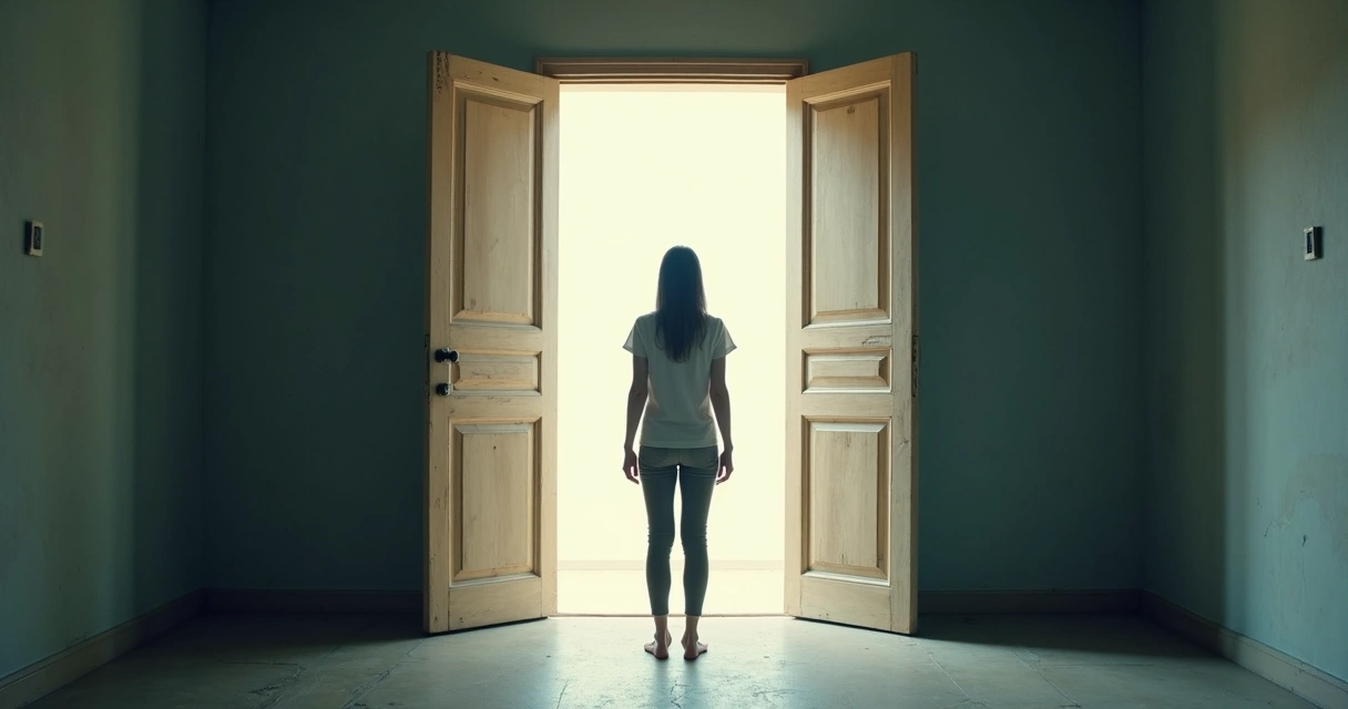 Person standing in front of an open doorway with light shining through representing new opportunities 