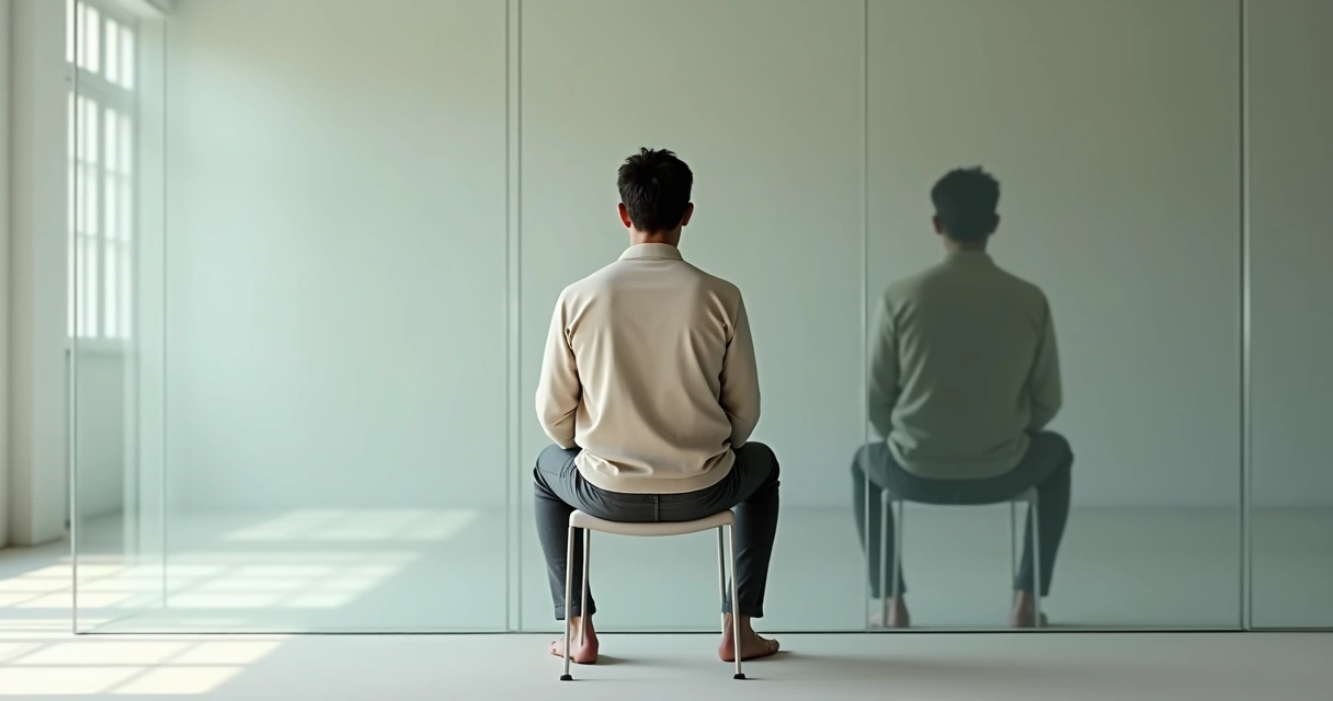 Person sitting in front of a reflective glass wall with a shadowy self mirrored back 