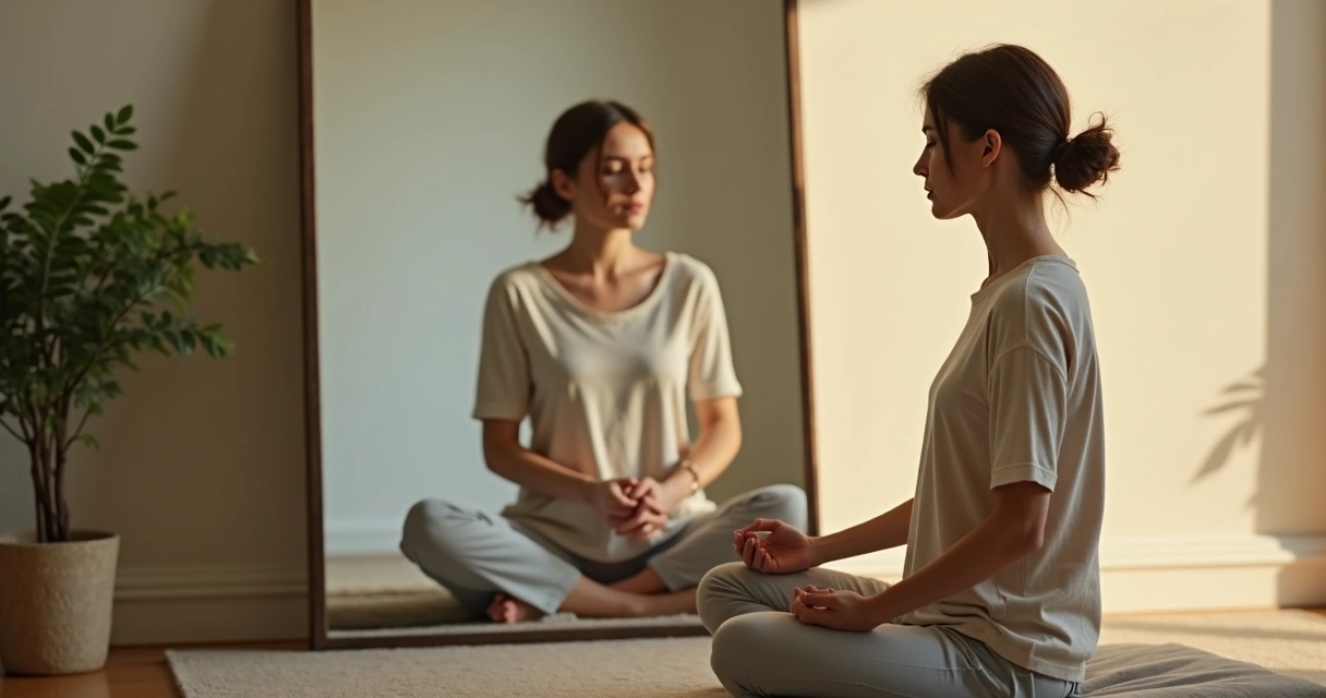 Woman facing her shadow reflection in a mirror with light and darkness meeting 