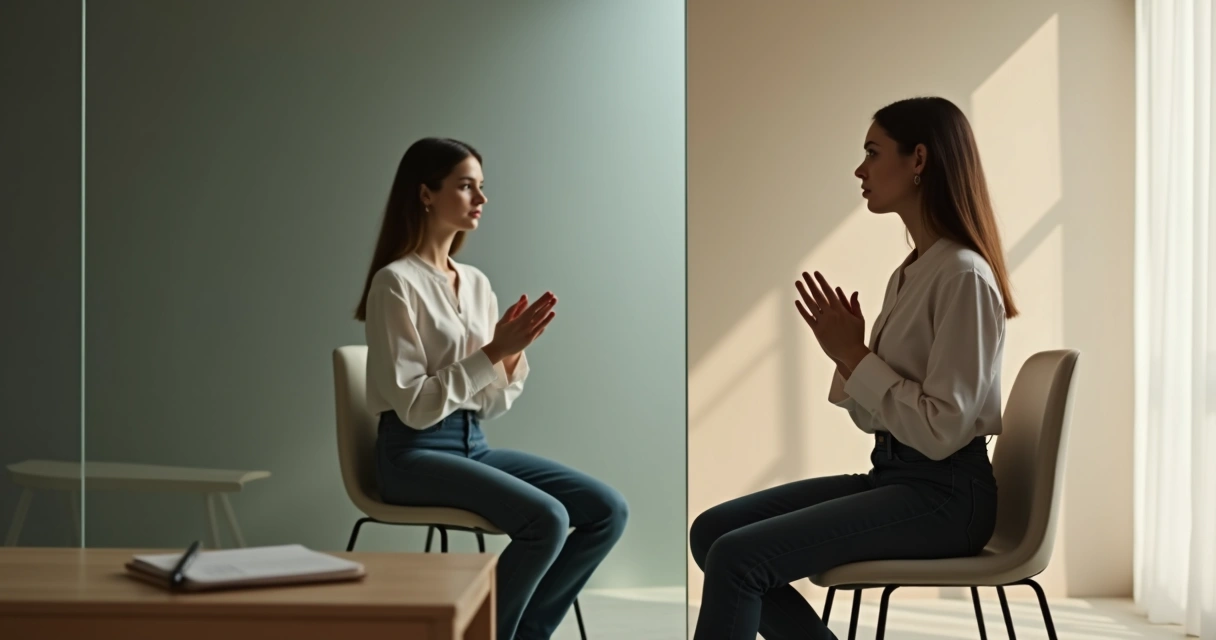 Woman facing her shadow reflection with subtle inner conflict 