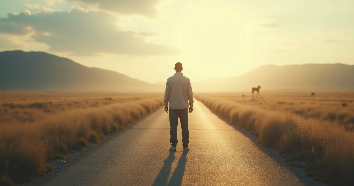 Person standing at crossroads facing shadow silhouette 