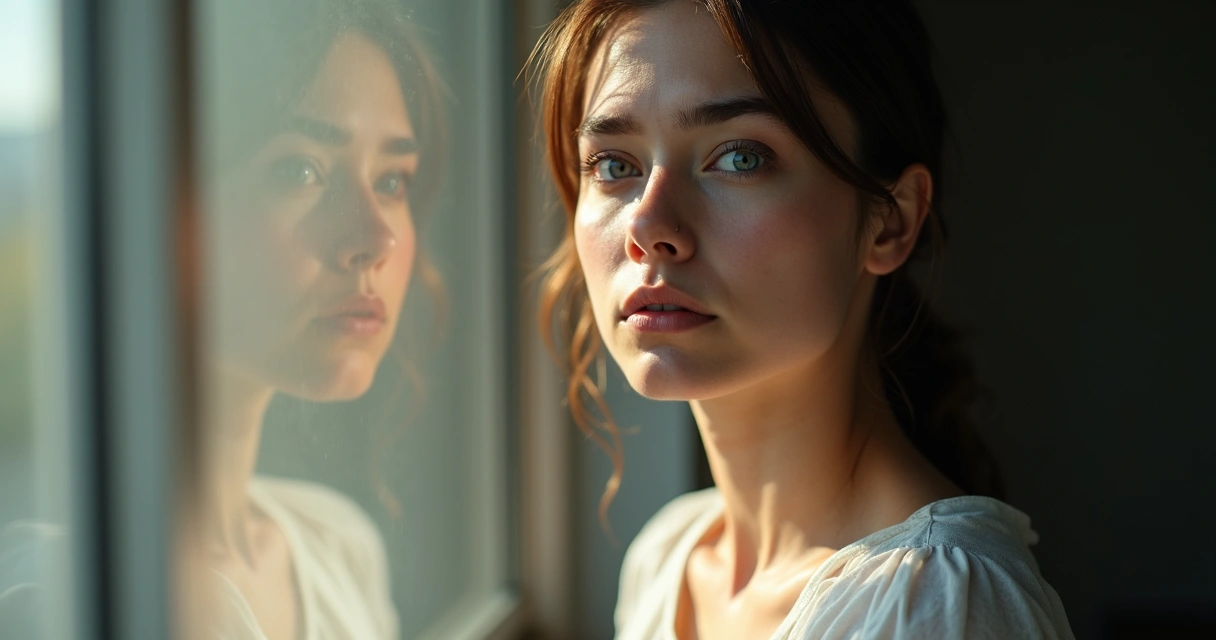 Young woman looking thoughtful with subtle mix of emotions 