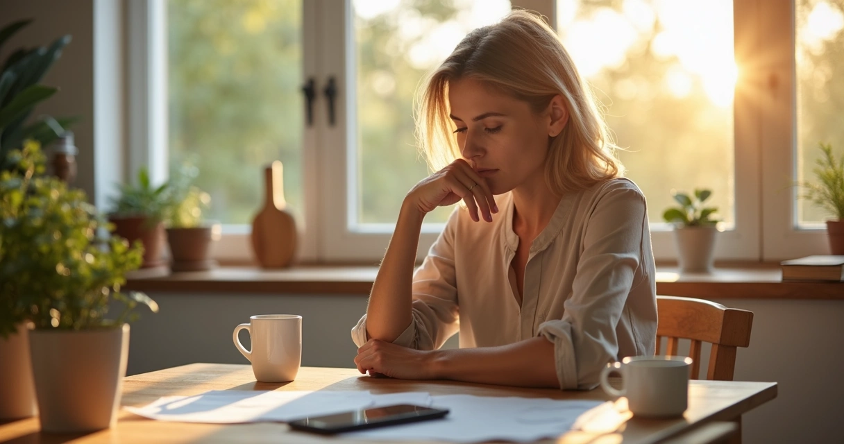 Woman looking upset, sitting alone with her head down at a kitchen table 
