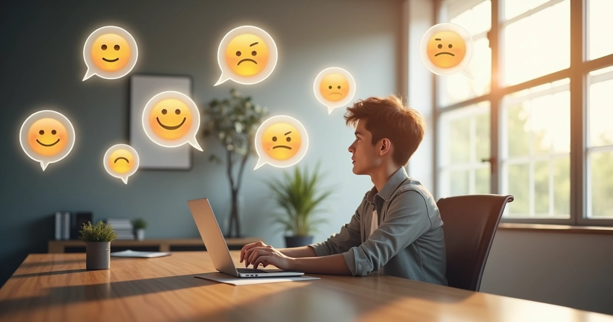 Person surrounded by floating speech bubbles, blocking out the smiling faces but fixated on a single frowning face 