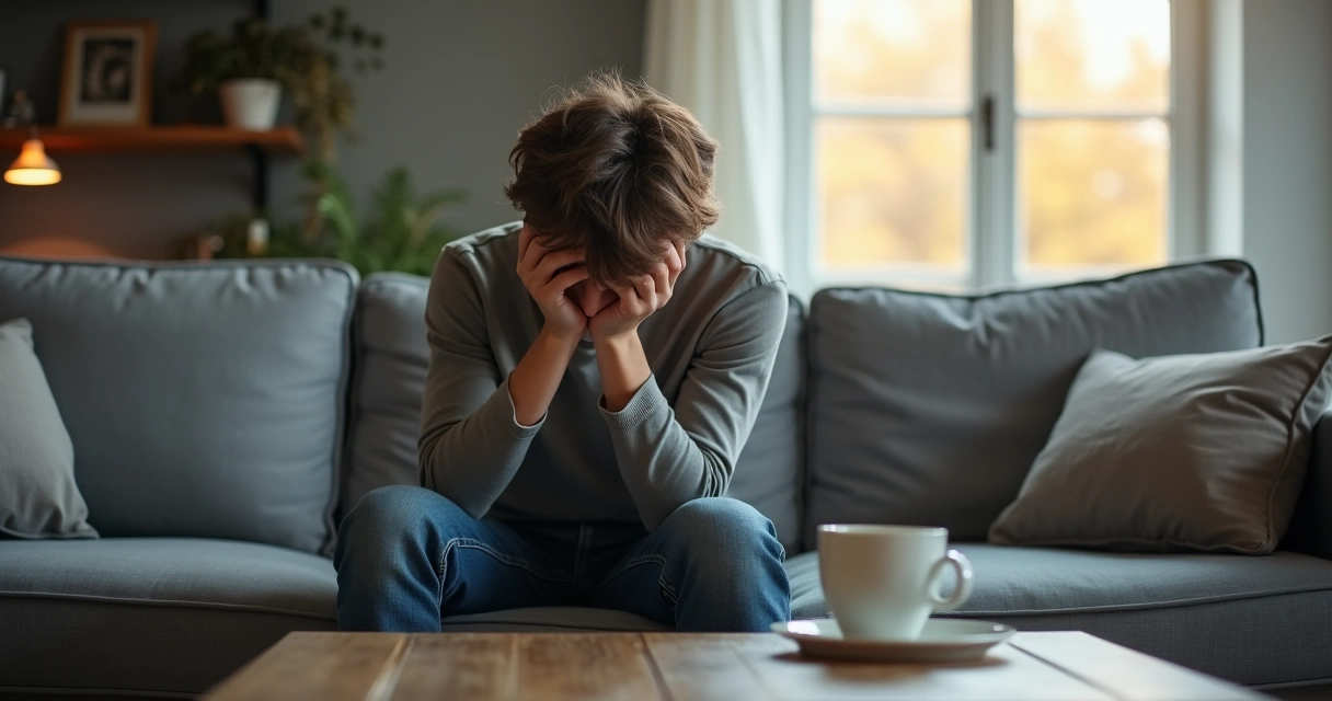 Person hiding face with hands while sitting on sofa 