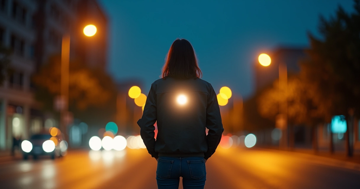 Person standing at a crossroads at night with subtle light in the chest area 
