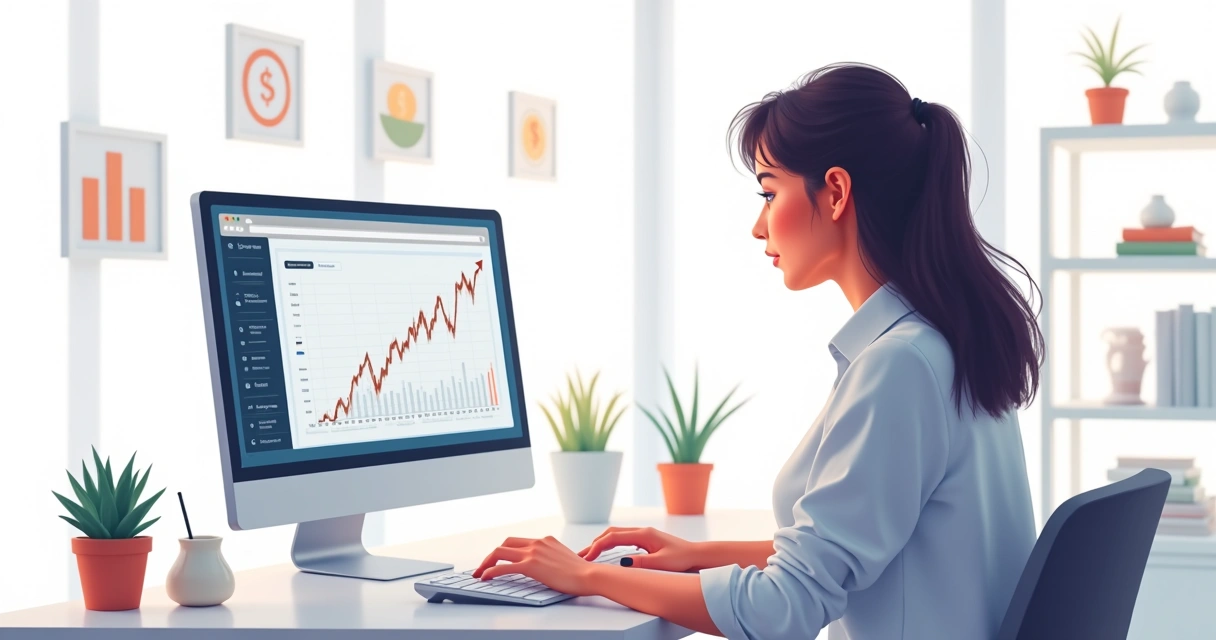 Woman with browser open showing graph of growing investments 