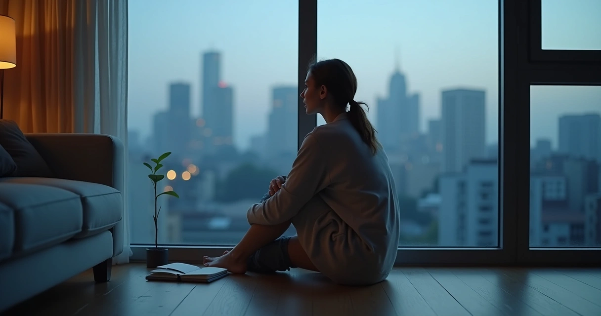Woman sitting alone by window reflecting during stress 
