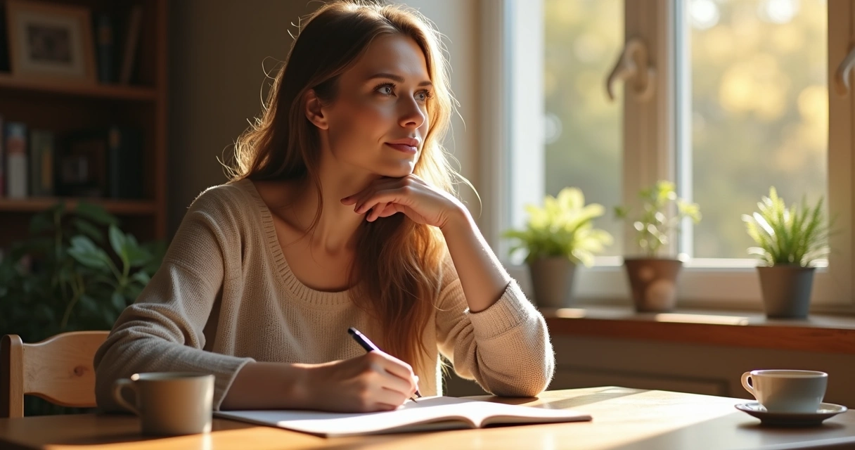 Woman sitting at a wooden table, journaling while reflecting 