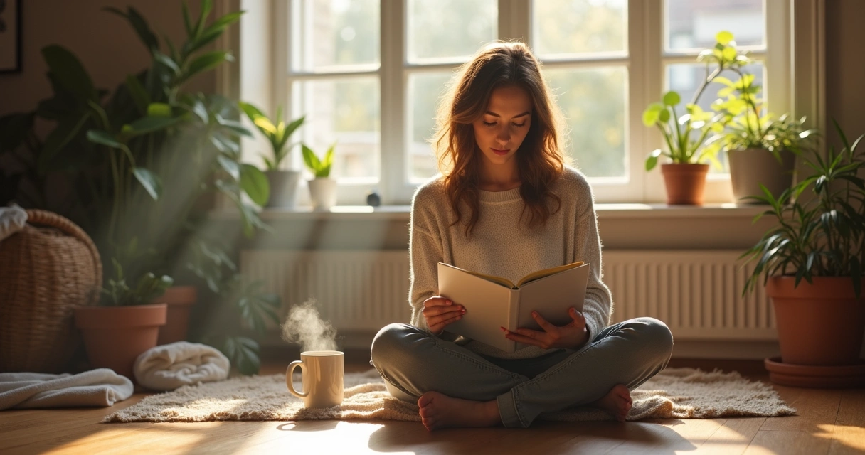 Woman sitting on floor with journal in thoughtful reflection 