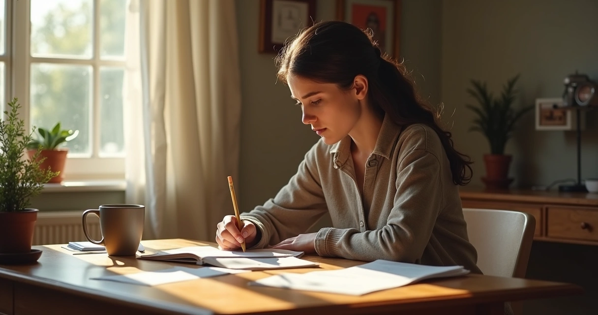 Woman sitting at a desk writing in a journal while looking thoughtful.