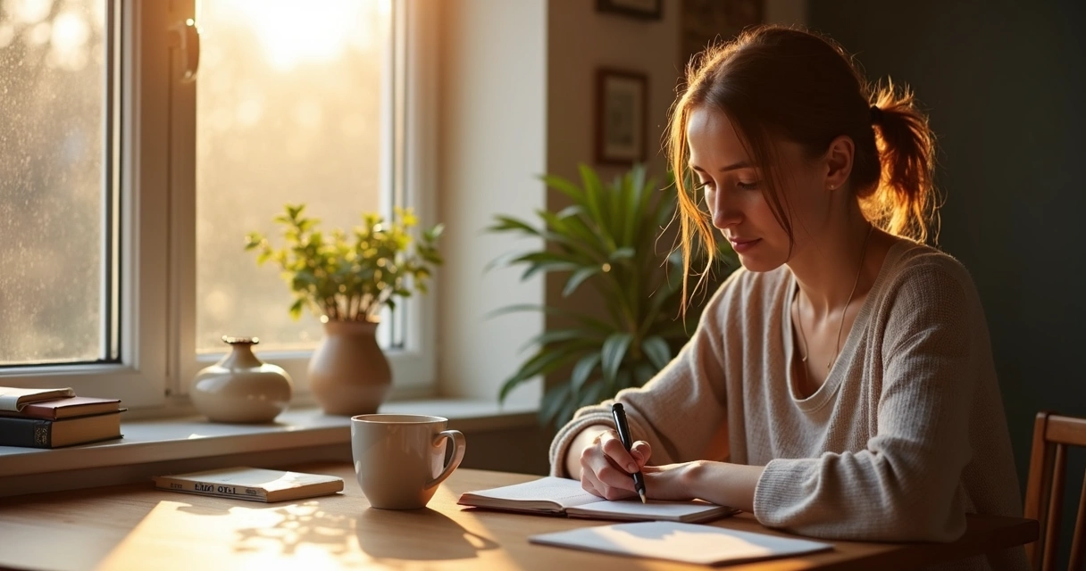 Woman writing in a journal at a wooden table with soft morning sunlight