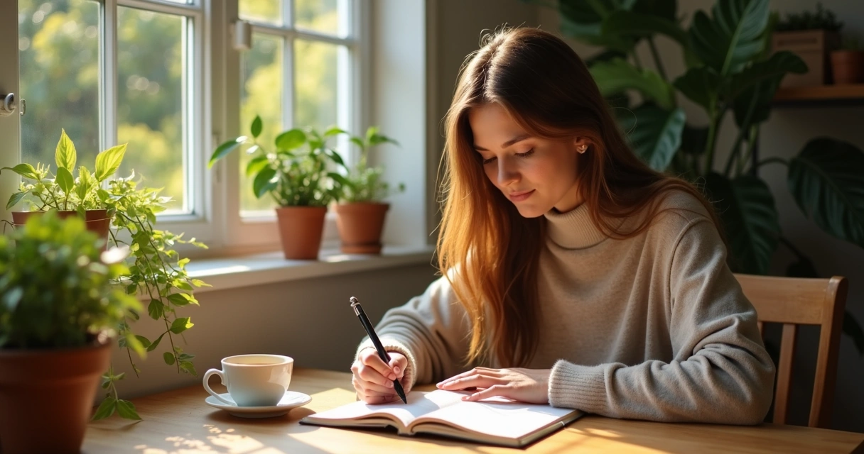 Woman writing in journal at a sunlit table 