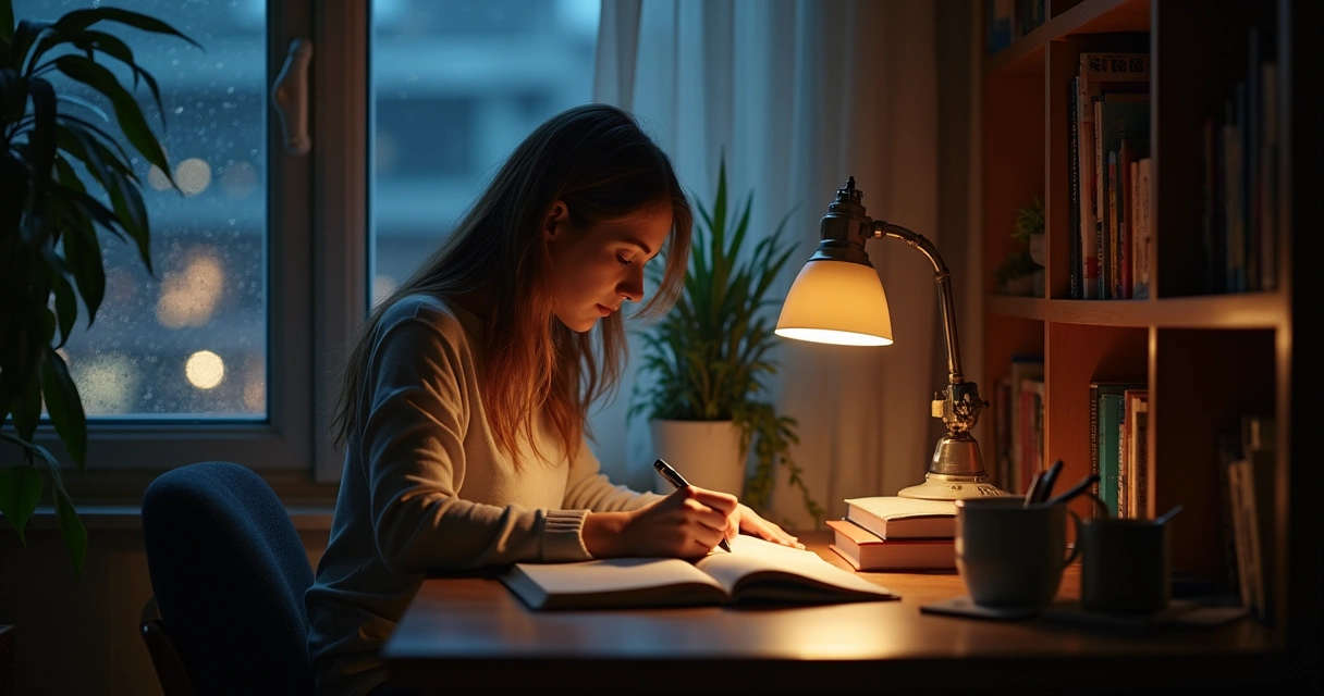 Woman journaling at night by a window 