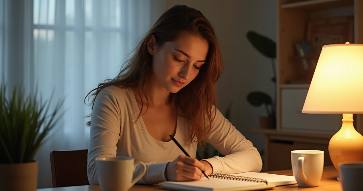 Woman journaling her stress signals at desk