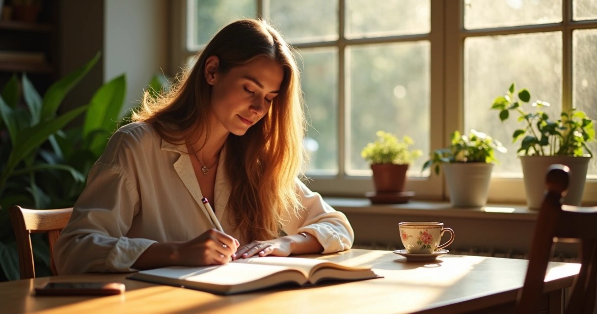 Woman journaling by a sunlit window 