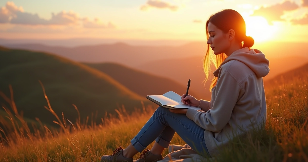 Woman journaling at sunset on a hilltop 