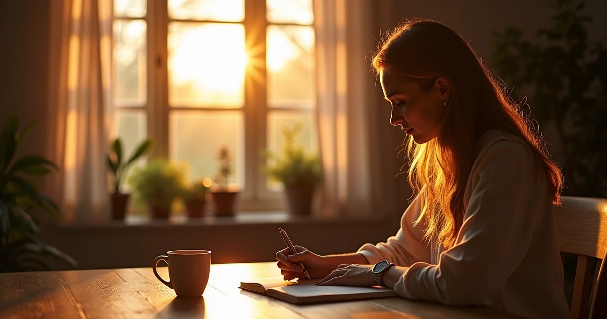 Woman writing in a journal during sunset, sitting near an open window 