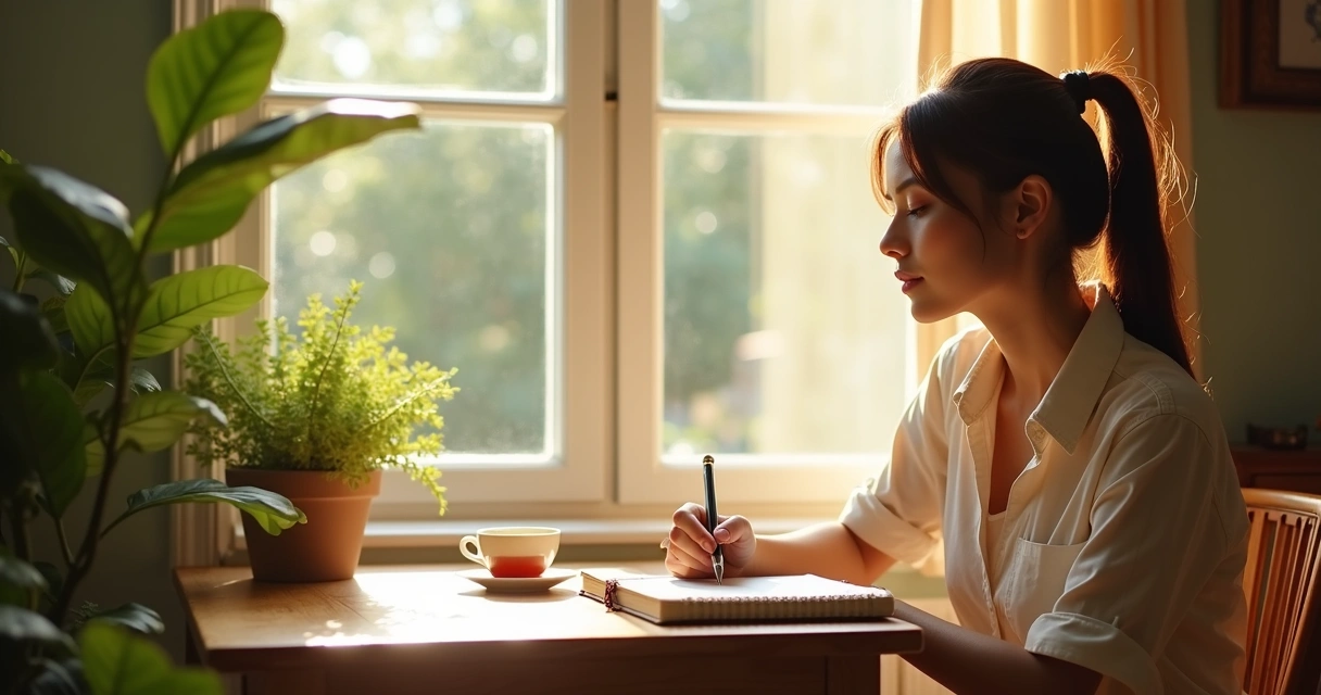 Woman writing in a journal by a sunny window 