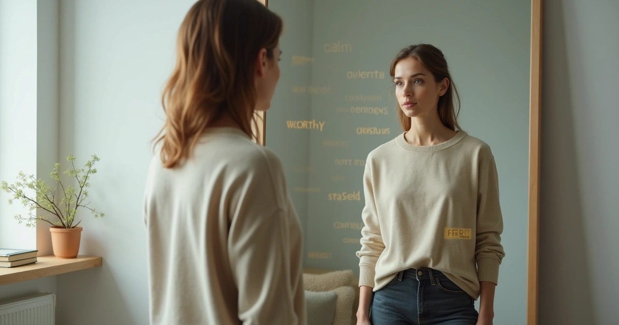 Woman looking at her reflection with emotional words floating around her 