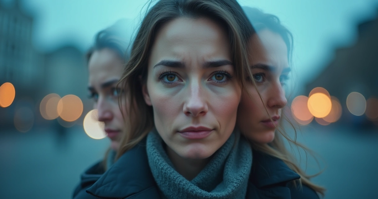 Woman with layered faces showing different emotions 