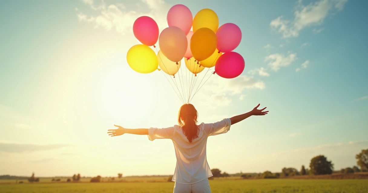Woman letting go of colored balloons outdoors 