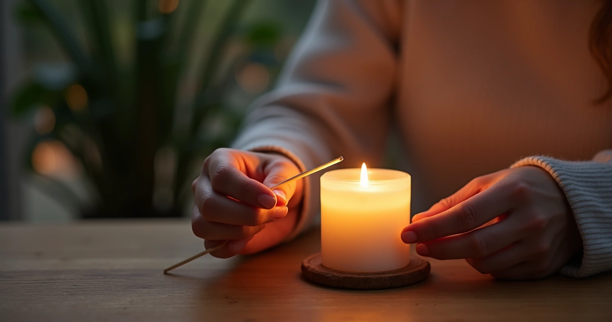 Person lighting a candle during a ritual transition 