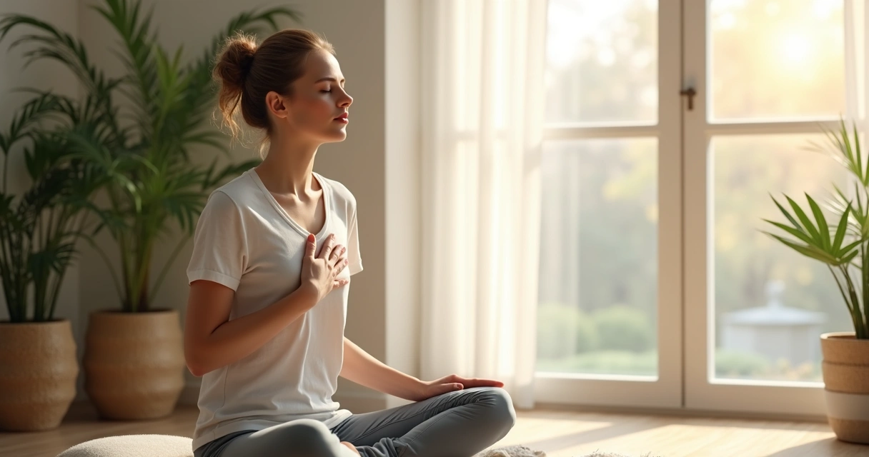 Woman sitting quietly with eyes closed, feeling her heartbeat 
