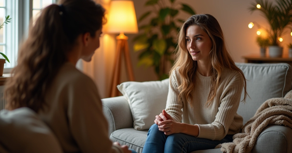 Woman listening attentively in a cozy room 