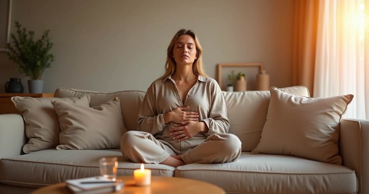Woman with closed eyes gently touching her heart in a calm room 