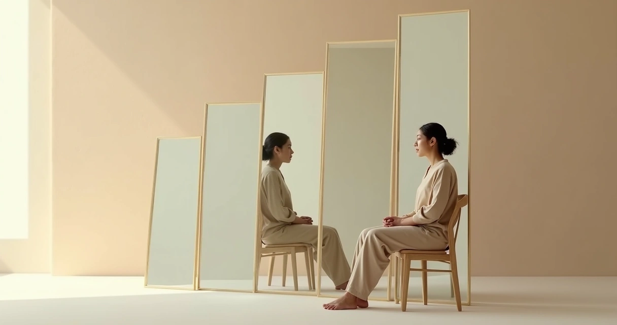 Person observing layered reflections symbolizing self-awareness growth 