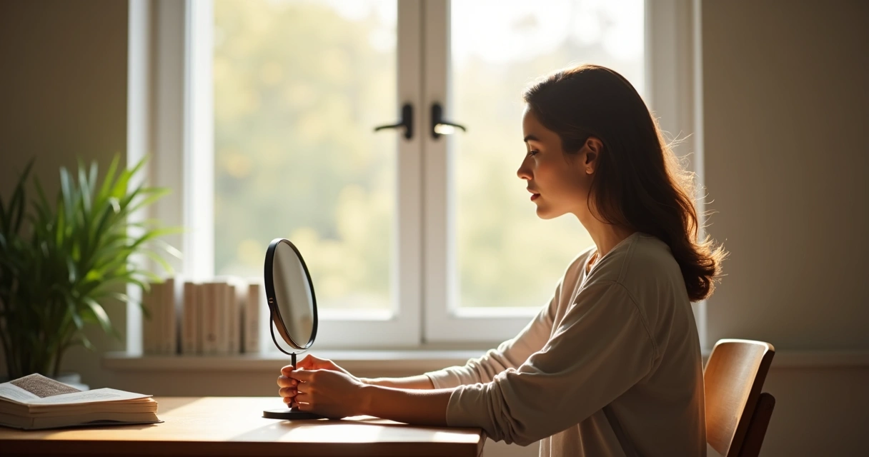 Woman reflecting in a mirror at home