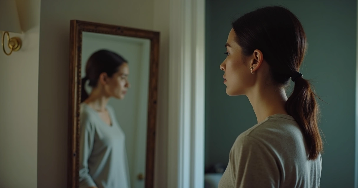 Woman looking at her reflection in a mirror, appearing tired and thoughtful 