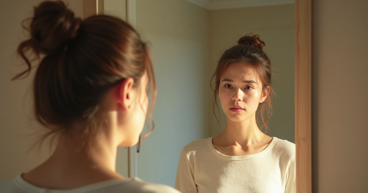 Woman looks in the mirror with a puzzled expression