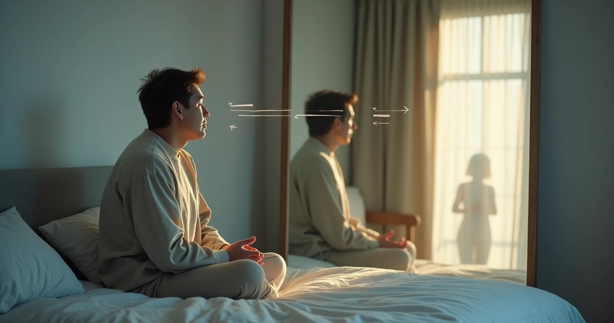 Person looking in mirror with two contrasting reflections 