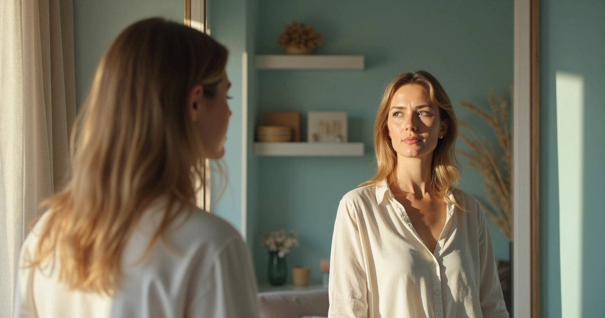 Woman looking in mirror, reflecting personal journey 