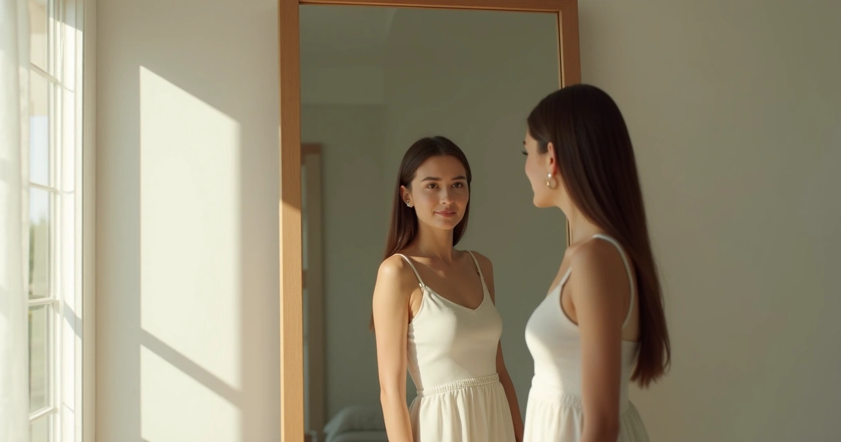 Woman looking at mirror in reflection 