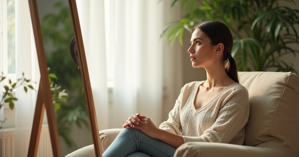 Woman facing mirror reflection during introspection 