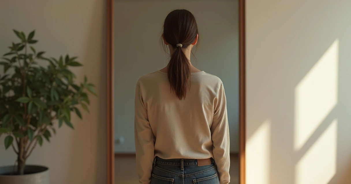 Woman looking at her reflection in a mirror with a shadowy double behind the glass 