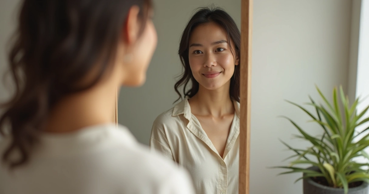 Woman smiling at her reflection in the mirror 